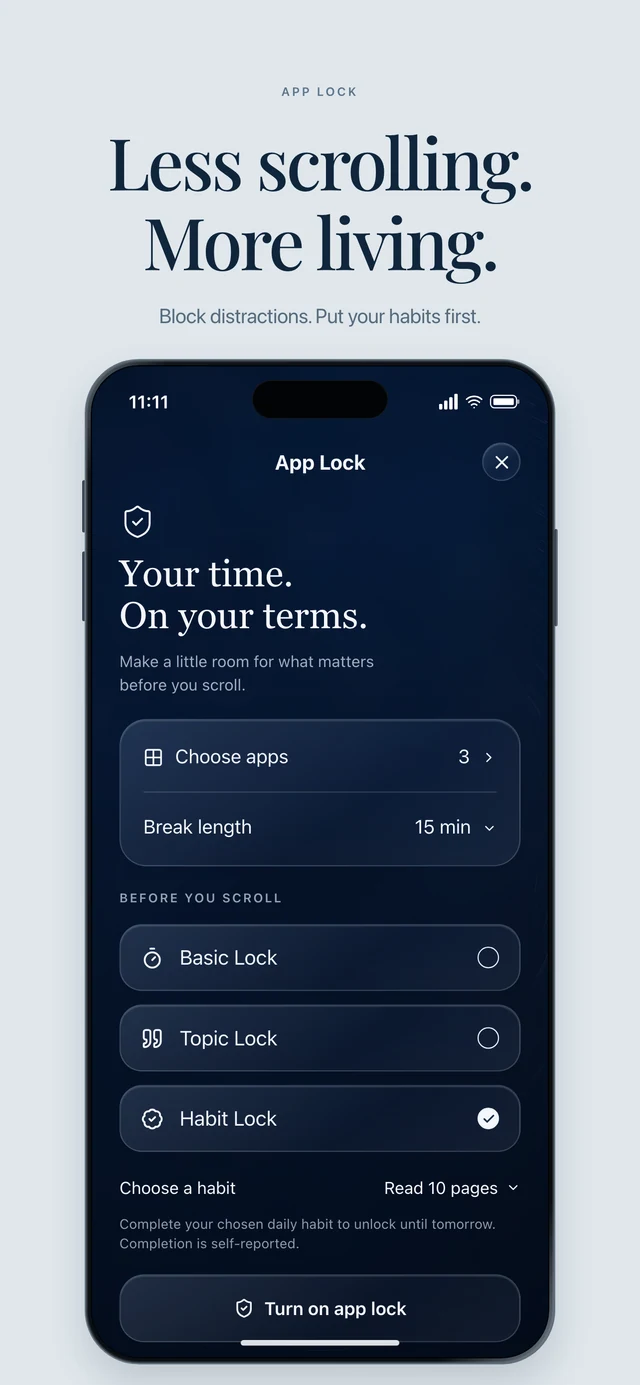 Motivational for iPhone — App Lock. A moment for yourself before you scroll.