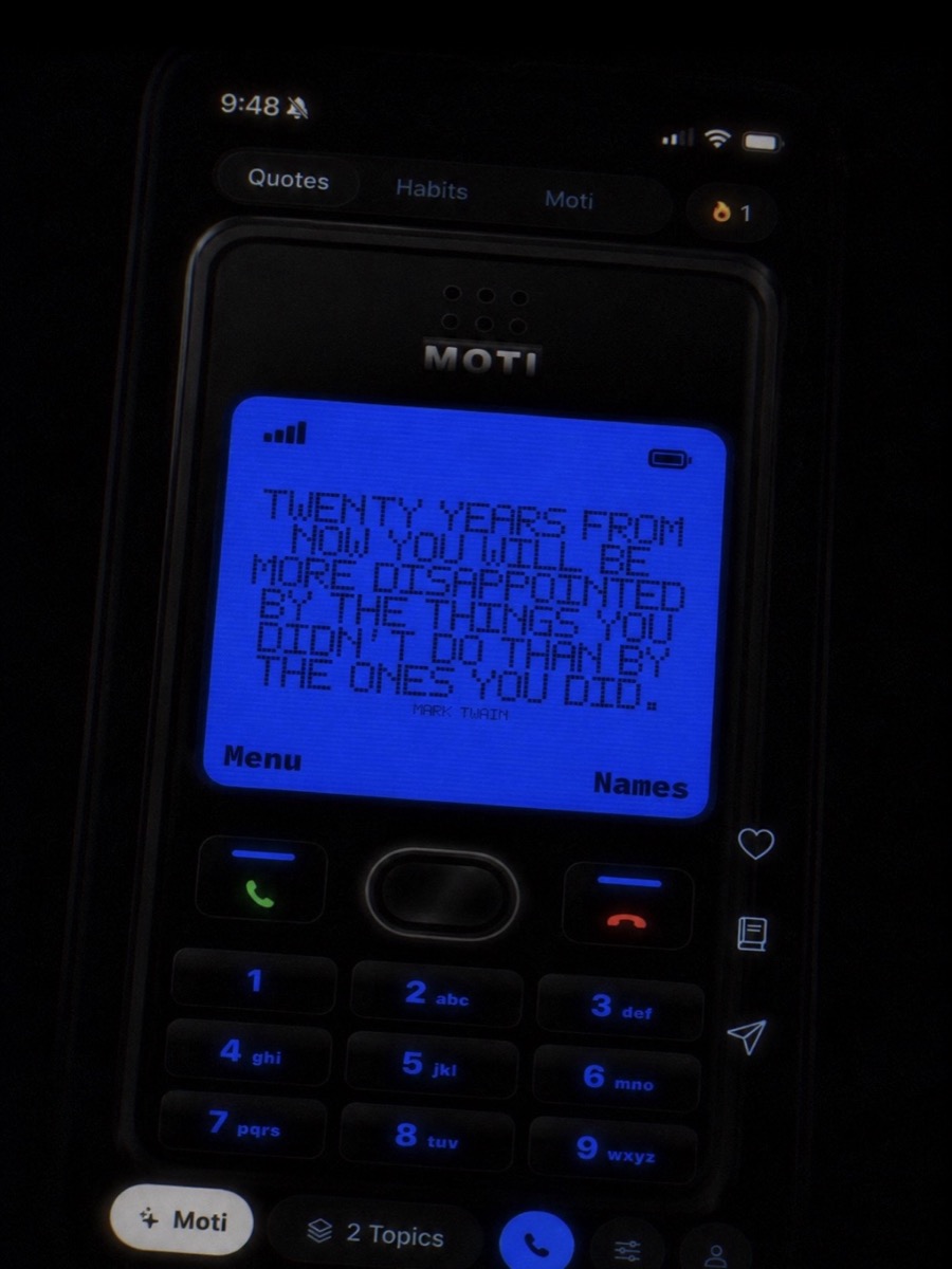 Instagram quote maker example with retro phone blue screen motivational text
